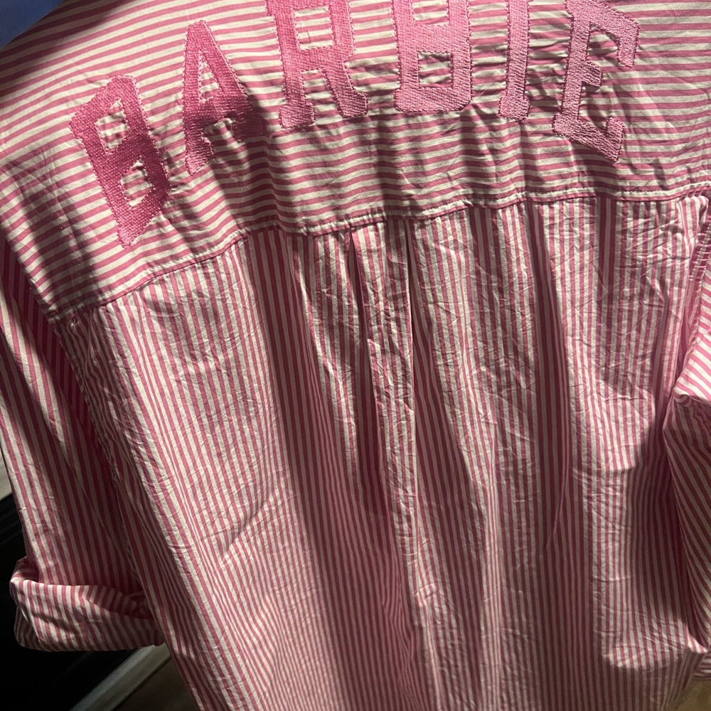 Women’s Pink Striped Button-Up Shirt with Embroidered Back
